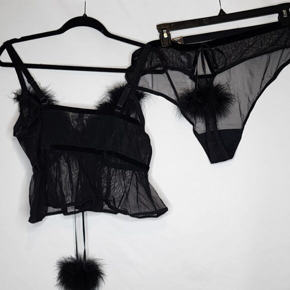 4X 26W Black Marabou Flyaway Bralette Thong Set Lingerie 50s Pinup Sheer NWT fuz - Picture 6 of 12
